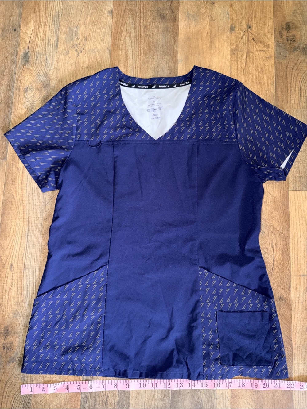 Nautica Navy Scrub Top with Gold Accent Pattern
